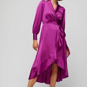 NWT-WHBM Long Sleeve Satin Ruffle Wrap Dress